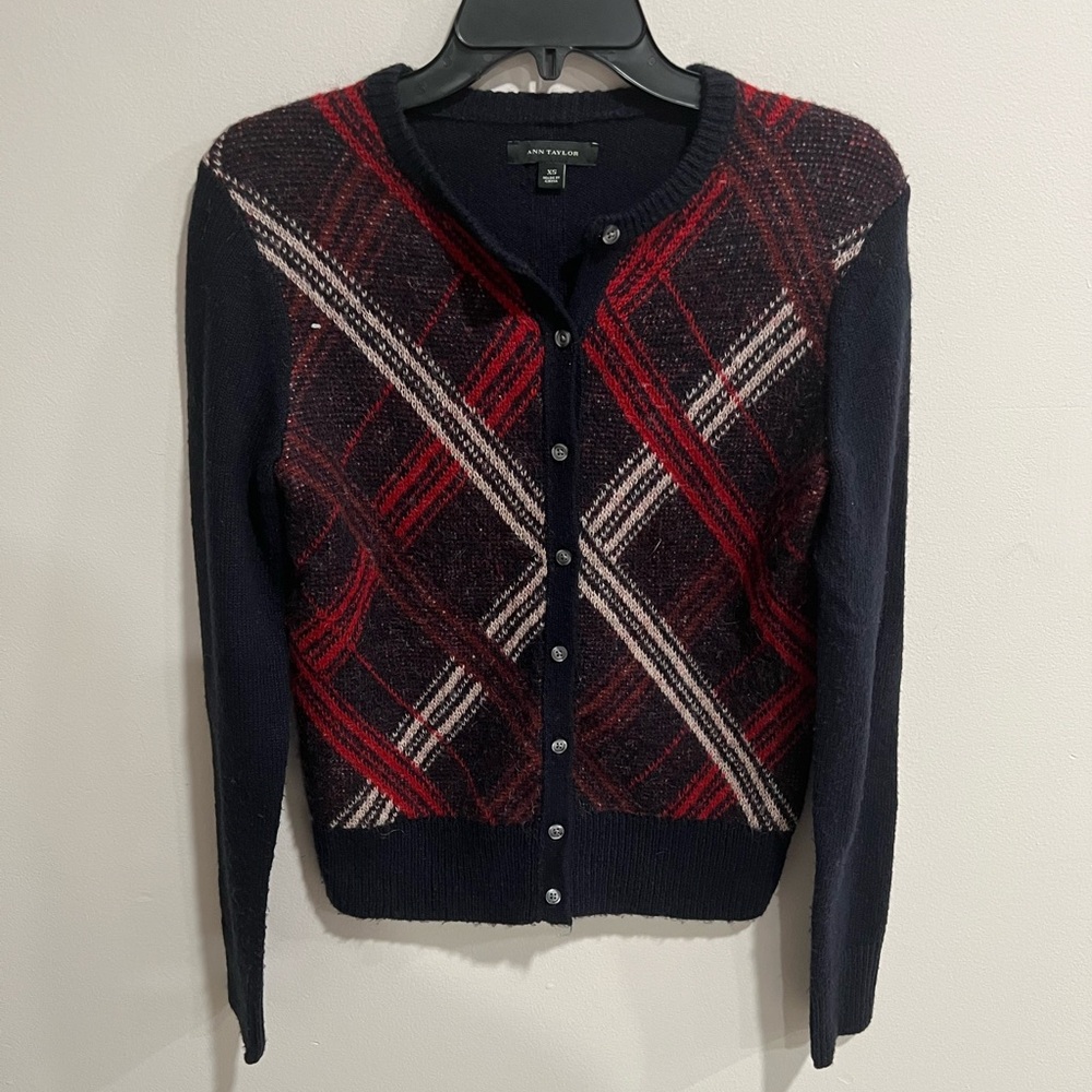 Ann Taylor Plaid Wool/Mohair blend Cardigan Sweater
